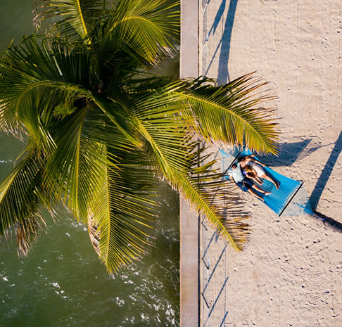 Aerial view of a couple in a hammock.