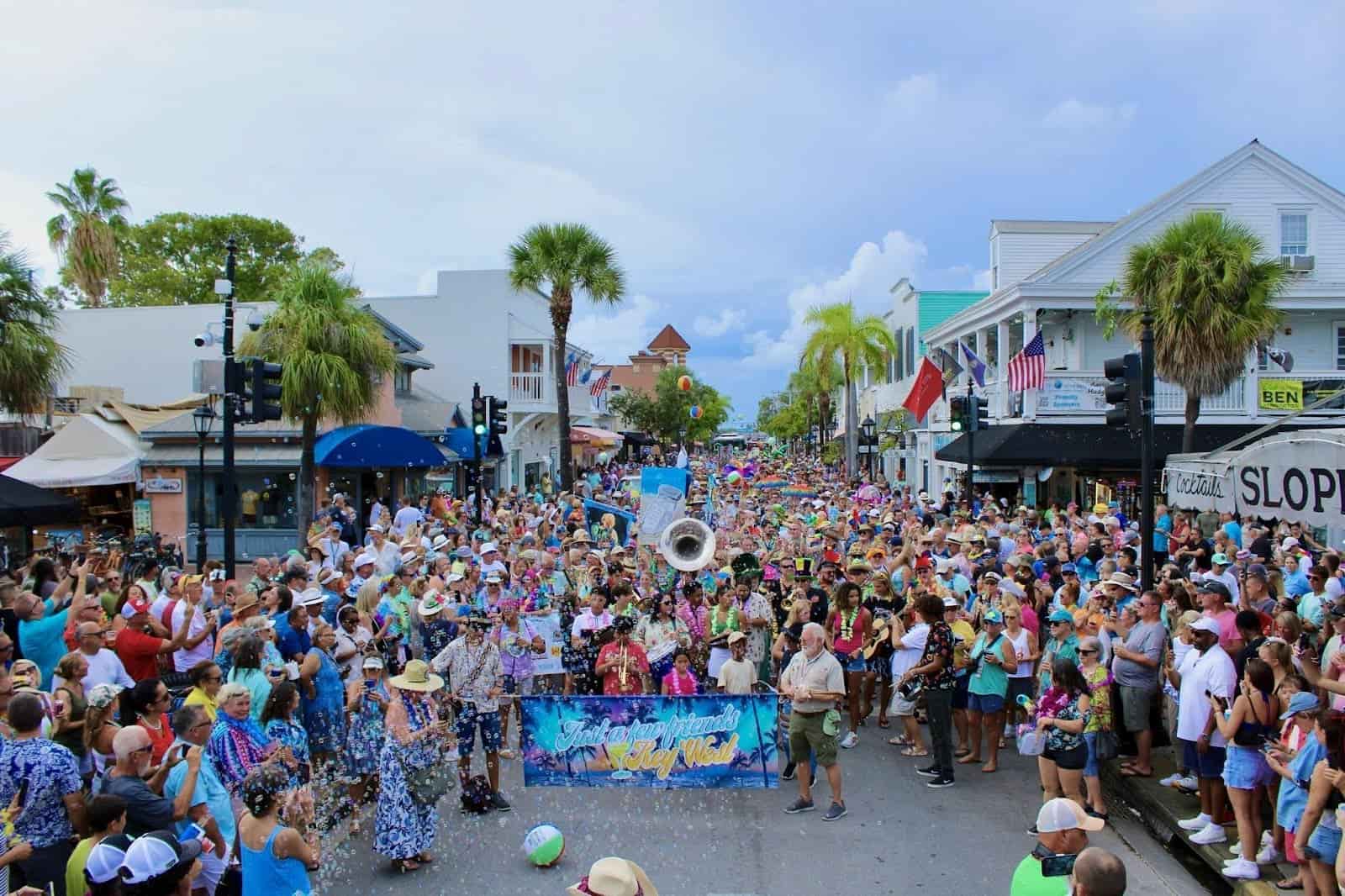 view of parade coming down the street